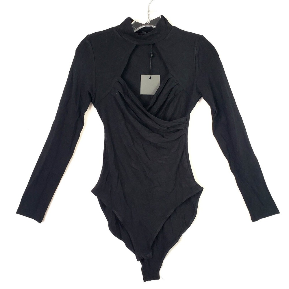 Kimi‎ + Kai Bodysuit Womens Small Black Long Sleeve Cut Out Mock Neck Top Gothic